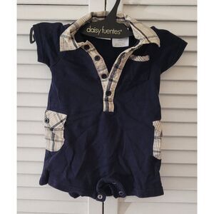Vintage FAO Schwarz Baby Boy Romper 3M Navy Plaid One Piece Polo Bodysuit Y2K